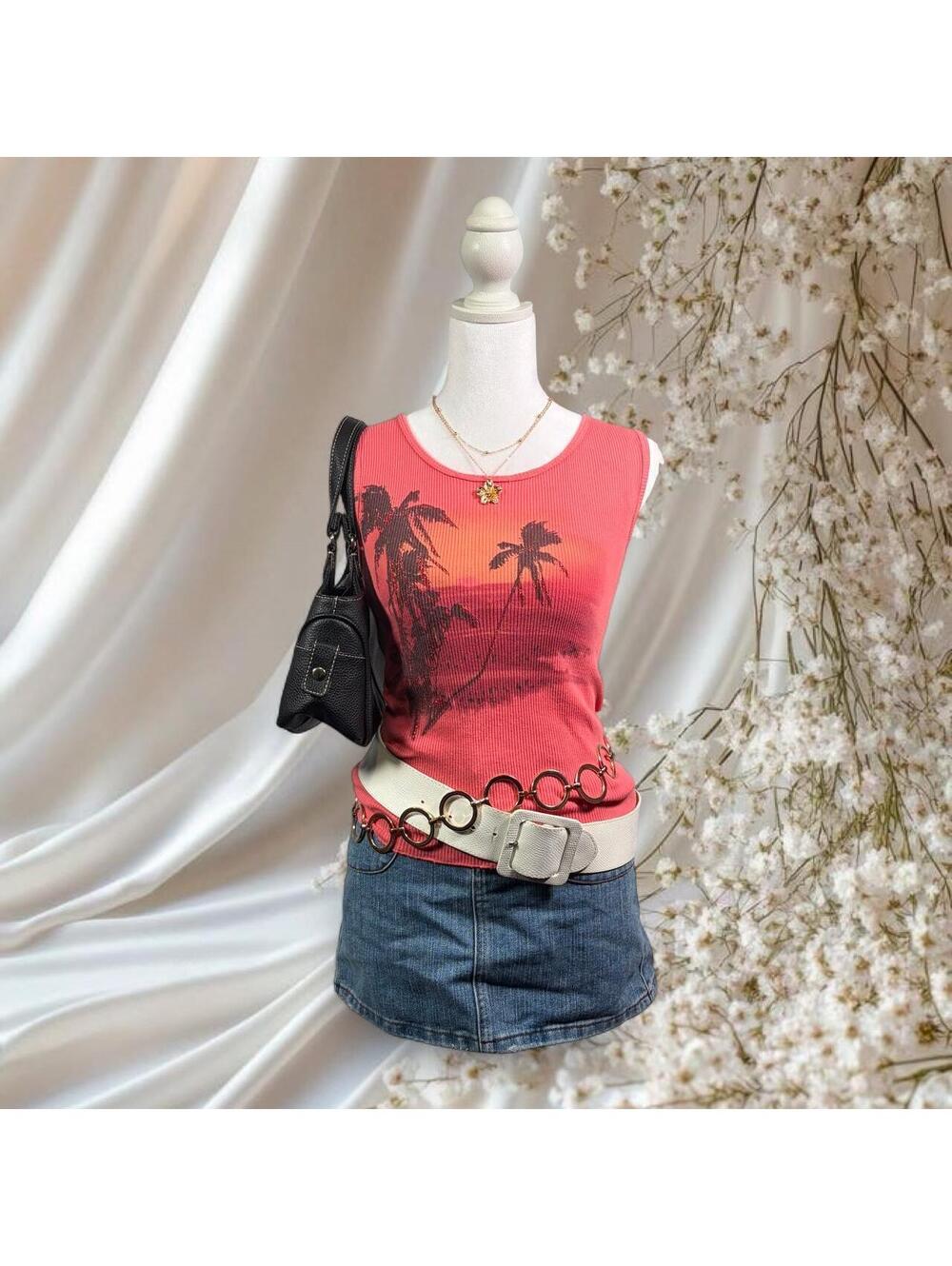 Y2K FANG PALM TREE RIBBED TANK TOP CORAL